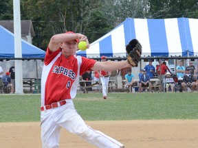Napanee pitcher Cole Bolton was in the running for playoff MVP award before serving up three homers in the Express’ 10-2 loss to the Wiarton Red Devils in the final of the 2013 Canadian Junior Men’s Under-21 Fastball Championship on Sunday in Owen Sound. (Bill Walker QMI Agency)