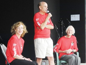 Famous runners Kathrine Switzer, Roger Robinson and Ed Whitlock speak about their experiences on the marathon circuit during an event marking the 35th Raisin River Foot Race at the Williamstown Fair on Saturday.
Staff photo/CHERYL BRINK