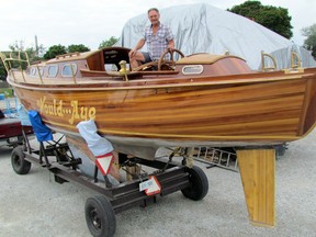 Jeff Horley of Courtright launched his 38-foot custom designed wooden sailboat on Sunday at Sarnia Yacht Club. Horley worked on the details of his boat for 26 years and calls her Would..Aye.  Would is the question, he says. Aye is the answer. CATHY DOBSON/ THE OBSERVER/QMI AGENCY