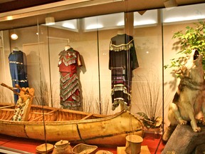 A collection of traditional aboriginal jingle dresses are on display at the Lake of the Woods Museum, along with a birch bark canoe, a tikinagen or cradleboard, and many other First Nations pieces.
MARNEY BLUNT/Daily Miner and News