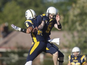 Steelers quarterback Matt Leask and receiver Todd Hicks celebrate a touchdown. Sault Steelers will play for the Northern Football Conference championship this Saturday at 7 p.m. at Rocky DiPietro Field. The Steelers will face the Montreal Transit for the NFC crown. The Steelers advanced to the title tilt by upending the visiting Tri City Outlaws last Saturday.