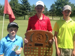 Youth golfers took to the course at the Ainsdale Junior Club Championships on Aug. 9, 2013. L-R: Braydon Secord, Bantam champion, 2013 Junior Club Champion Shane Vollmer and Landon Hoeper,  Juvenile Champion. (ALANNA RICE/KINCARDINE NEWS)