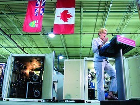 Premier of Ontario Kathleen Wynne makes the announcement Monday afternoon that Brockville's Newterra site will be receiving $1.2 million in provincial funding, creating 121 local jobs. (THOMAS LEE/The Recorder and Times)