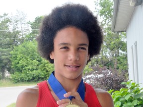 Twelve-year-old Daunte Henriques, of Vanessa, recently won gold in the Boys 11-12 400 metre dash event at the Hershey's Track and Field Games in Hershey, Pennsylvania. (EDDIE CHAU Delhi News-Record)