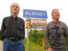 Norfolk County musicians J.D. Hamilton (left) and Jimmy Atkinson unveiled a sign honouring rock legend Rick Danko on Monday morning (Aug. 12, 2013) west of Simcoe. DANIEL R. PEARCE Simcoe Reformer