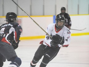Alex Kiew played in a scrimmage game during the Port Dover Sailors tryout camp at the Simcoe Rec Centre on Sunday. (SARAH DOKTOR Simcoe Reformer)