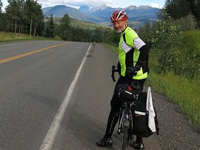 Joachim Ostertag pauses as he cycles the Yellowhead Highway in B.C., dubbed the Highway of Tears. (supplied photo)