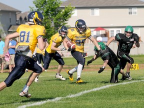 The Grande Prairie Drillers’ Owen Zarwyrucha rushes the ball against the Lloydminster Vandals in Alberta Football League play at St. Joseph High school field in June. The Drillers won 40-0 that day, but wrapped the season with a disappointing loss to the Calgary Wolfpack in quarter finals. (Diana Rinne/Daily Herald-Tribune)