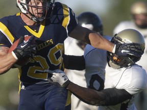 Sault Steeler Josh Gauthier pushes off a Tri-City Outlaw during last weekend’s 51 -21 victory at Rocky DiPietro Field. The win pushes the Steelers into a Northern Football Conference championship game this Saturday at DiPietro Field. Brandon Lewis led the Steelers defence with 10 tackles and three sacks. Despite the Sault’s small size the Steelers have time and again won against the largest cities in Canada.