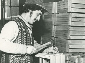 Tom Evelund, an assembler at Canadian Woodenware Co. on New Street, packages washboards in March, 1976 prior to shipping to one of the major hardware chains which retailed scrubboards made by the only Canadian manufacturer of washboards.
Times-Journal Collection, Courtesy Elgin County Archives