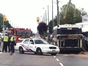 A TTC bus and a truck collided head-on near Steeles Ave. E. and Middlefield Rd. around 11:30 a.m., Toronto Police said. (CHRIS DOUCETTE/Toronto Sun)