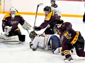 The Timmins Majors have signed goaltender Devon Debastos in advance of the team’s tryout camp that gets underway at the Whitney Arena on Tuesday. Debastos, seen here in action during a GNML regular season game at the McIntyre Arena on Nov. 30, 2012, posted a 4.17 goals against average during the 2012-13 season, with one shutout.