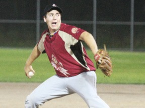 Former North Bay Midget Stingers ace Jake Tougas of Ontario Electric Ltd. throws from the mound Monday in the Skaters Edge Sr. Men's Baseball League playoffs.