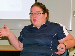Joy Agnew explains the ins and out of grain storage during her presentation at GPRC Fairview College on Aug. 7.