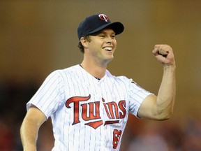 Saskatchewan native Andrew Albers of the Minnesota Twins celebrates throwing a two-hit shutout against the Cleveland Indians on Monday night. (Getty Images/AFP)