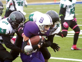 Beaver Brae defensive back and reciever Cole Sherred returns a punt during a game against the Elmwood Giants in 2012. The Beaver Brae Bronco football team begins their 2013 campaign with resgitration and fitness testing on Wednesday, Aug. 14.
FILE PHOTO/Daily Miner and News