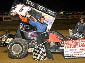 Picton's Chris Jones (11j) took his third victory in a row during the Sanderson Automotive Southern Ontario Sprint Car feature Saturday night at Brighton Speedway. Jones holds a small points lead going into the final five races for the series.
