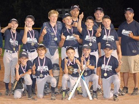 The GD Jewell Engineering Belleville Squirt Bandits captured the Eastern Ontario Minor Softball League gold medal with a 10-6 win over the Springbrok Royals, Tuesday night at Legion Park.The Bandits followed that up by earning a silver medal at the Ontario Amateur Softball Association provincial championships last weekend in Napanee. Team members are, front row from the left: Liam Walsh, Dekota DeGenova, Zack Goodfellow, Nash Lasher and Jacob Glenn; Back row: Don Goodfellow, Brayden Adams, Brock Fencott, Matt Sager, Derek Vos, coach Dave Lasher, Andrew Grouchy, coach Kyle Adams, Drew Babcock and coach Andrew Babcock. Missing from photo is Ethan Piperni.
