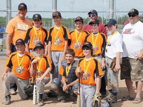 The Hite Services Orioles beat the Cardinals to win the North Bay Baseball Association peewee championship, Sunday. The team, front row from left: Nicholas Backer, Nolan Ladouceur, Kyle Backer, Eric Giroux; back row left to right: coach D'Arcy Backer, Eric Mondoux, Steve Bidal, Hunter Carr, Braeden Staples, mosquito call up Patrick MailleCoaches left to right: D'Arcy Backer (Head coach), Marc Mondoux, Richard Ladouceur. Missing from the final, coach Paul Yeo, Ryan Yeo, Sam Garagan and Lily Stewart. SHIRLEY MONDOUX PHOTO