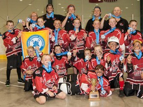 The Wallaceburg Novice Griffins are the Ontario Lacrosse Association 'D' box champions. The Griffins are, front row, left: Aiden Cole and Morgan Gorry. Second row: Ian Corkum, Hunter Dalgety, Kyle Bechard, Kaelen Hopgood-Smith, Canton Verstraeten and Mason Myers-Whiteye. Third row: Liam Johnston, Brooke Bechard, Braxton Anderson, Jackson Oliver, Ty Myers, Hunter Shepley and Vic Poalone. Back row: manager Christine Murray, assistant coaches Justin Belanger, Reid Miller and Matt Murphy, and head coach Jamie Knight. (Contributed Photo)