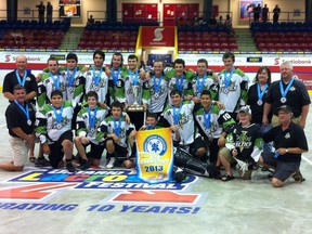 The Cornwall Celtics provincial C division midget lacrosse champions are, in front, from left, John Vipond (trainer), Quinten Roundpoint, Skyler Daze, Sky Leaf, Troi Benedict, Mike Small, Donovan Thompson, Oliver Hughes and Ron Metcalfe (trainer). In back are George Michels (assistant coach), Ben  Michels, Brendan Vipond, John King, Scott Hope, Derek Lister, Taylor Metcalfe, Tyler Akins, Owen Hughes, Aodin Macdonell, Vicki Akins (assistant coach) and Tom Hughes (head coach). 
SUBMITTED PHOTO