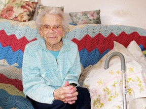 Mildred Patterson has lived all of her nearly 100 years in Paris, Ontario. St. Paul's United Church will celebrate her birthday on Sept. 22, 2013. MICHAEL PEELING/The Paris Star/QMI Agency