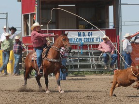 KASSIDY CHRISTENSEN NANTON NEWS/QMI AGENCY Gus Vaile lassos a young calf during the ribbon roping competition as part of the Canadian Senior Pro Rodeo competition. These old-timers demonstrated a high skill level, showing the younger generation that they’ve still got it.