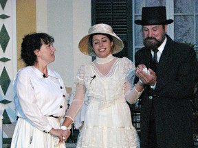 From left, Dawna Wightman (Anne Sullivan), Laura Almeida (Helen Keller) and John Tench (Alexander Graham Bell) star in Helen, Annie and Alec - The Helen Keller Story, by Sharyl Hudson, at the Bell Homestead. (Photo by Lora Adkins)