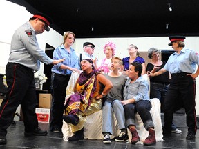 The cast of Momies Ch�ries rehearse a scene at Theatre Cambrian recently, from left are, Patrick Breton, Darquise Lauzon, Richard Pulsifer, Helene Beaudry, Alice Sequin, Roxanne Henry, Anie Cousineau, Darquise Poulin, Lucie Beausoleil and Denise Guido.
GINO DONATO/THE SUDBURY STAR
