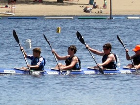 North Bay Canoe Club members, from left to right, Cameron Gray, William Hotson, Justin Smith and Sean Cazabon compete in the peewee boys K4 1,000-metre race. SUBMITTED PHOTO