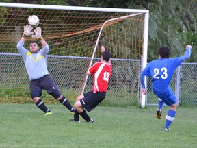 Bobby Maerz of the Simcoe Crew attempts to beat two defenders from the LAC Athletics as he strikes on the net during a game Tuesday at Curinga Club in London. The game ended in a 1-1 tie. (PHOTO COURTESY Bill Hom)