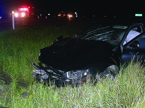 A Hyundai sits in the ditch following a collision with a pickup truck near Elk Island National Park on Tuesday, Aug. 13. STARS Air Ambulance was called in to take two people to hospital and five others were transported by ground to hospital, all with non-life-threatening injuries. Photo Supplied