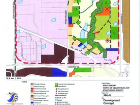 The proposed zoning map for the Cambrian Crossing subdivision north of Highway 16 along Clover Bar Road. Graphic Courtesy Strathcona County.