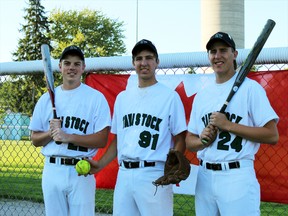 Travis Hyde (left), Tyson Zehr (centre) and Tristan Hohl (right) all earned All-Star status at the under-18 men's Canadian Fast Pitch Championship last week in St. Leonard-d'Aston, Que. Hyde was the top first baseman, while Hohl earned top third baseman. Zehr was named the tournament MVP finishing with 11 RBIs and tied for second with home runs. The Tavistock Athletics finished second in the round robin before bowing out in the elimination round to earn fourth place. GREG COLGAN/QMI Agency/Sentinel-Review