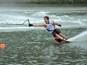 North Bay's Jaret Bull competes in the Calgary Pro Shootout last week. Bull, 18, won silver in the open men's and gold in the under-21 men's divisions at the Canadian Water Ski Championships this week in Calgary. SUBMITTED PHOTO