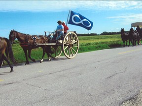 The Red River Metis Group celebrated their 10th anniversary with an oxcart and wagon trip July 31. Six riders started off from Headingley and finished at St. Laurent.  (Bernice Delbridge/Submitted Photo)