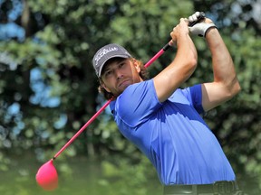 Hearst native Claude Giroux follows through on a drive during a round of golf at Grey Hawk Golf Club in Ottawa on Monday. The Philadelphia Flyers star forward was injured on Thursday during a tune up at the club for Friday’s Ottawa Sun Scramble. Giroux underwent surgery Thursday on his right index finger after cutting tendons while hitting a wedge shot during the practice round.