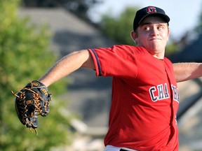 Chatham Diamonds' Shawn Delanghe pitches during a 2-0 loss to the Vaughan Vikings in Friday's opening game at the Ontario Baseball Association junior 'AA' championship at Fergie Jenkins Field at Rotary Park. The Diamonds play a must-win game Saturday at 8:30 a.m. (MARK MALONE/The Daily News)