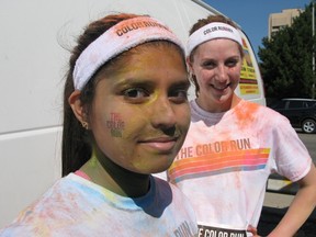 Shayna Lefko and Brittney Farquhar were two of thousands who participated in the Colour Run in London on Saturday. Jonathan Sher/The London Free Press