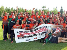The Edmonton Sparqs and Alberta Oilmen celebrate winning the women's and men's gold medals at the 2013 Canadian slopitch championships at Lede Park in Leduc on Aug. 16. Photo supplied by Kyle Clapham Sports Photography.
