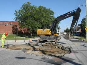 A 24-inch sanitary sewer main was punctured at the intersection of Sherbrooke and Worthington streets.

Reports of a sinkhole created by the leak Saturday prompted city workers to cover the hazard and block off the intersection, with police notified to patrol the area while the bar crowd headed home, until crews were dispatched Sunday to make the repair.