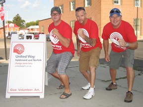 The United Way of Haldimand and Norfolk kicked off the 2013 fundraising campaign with its 9th annual Amazing Race event Friday. Among those taking part were members of Team Refined of the Esso refinery in Nanticoke. Members include, from left, Jeff Belbeck of Cambridge, Brad Matthews of Walsh and Chris Ivanis of Simcoe.  (MONTE SONNENBERG Simcoe Reformer)