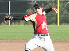 Ontario Electric Ltd.'s Ryan Scott delivers a pitch Friday during Skater's Edge Senior Baseball League action at Steve Omischl Sports Field Complex. Ontario Electric beat two-time-defending champion Assante 3-1 to advance to the final. DAVE DALE/The Nugget
