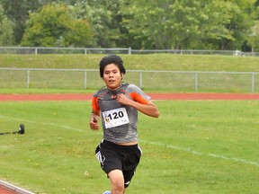 Fourteen-year-old Gavin Wesley sprints to the finish line and a first-place finish for the boys in the 5 km run on Sunday at the seventh annual Timmins Golden Trails Half-Marathon. The event is designed to get people active, as well as raising money for the Timmins Regional Athletics and Soccer Complex to help offset costs to run the top-notch facility.