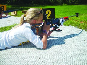 Sonya Strocen of Langruth, 13, is shown here taking careful aim at one of the six metal targets at the Birch range. The distance from the shooting berm to the targets is 50 m. (Submitted photo)