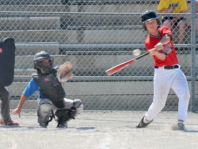 Sean Skinner of the Port Dover peewee Sailors knocks one towards the outfield during the peewee house league finals Sunday at Lions Park. (
EDDIE CHAU Simcoe Reformer)