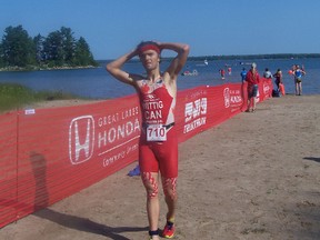 Devin Wittig from Timmins, puts his hands behind his head, shortly after winning his race on Saturday.