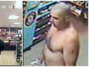 North Bay Police Service released the image on the left of a suspect following a robbery at a Mac's Convenience Store on Saturday, and Mac's Crime Busters is circulating the image of the man on the right following a separate robbery at a Mac's store early Monday. An arrest was made later Monday.