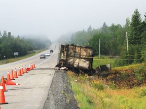 A transport trailer that caught on fire Sunday afternoon, Aug. 18, along Highway 17 near Inglis Lake Road led to backed up traffic for several hours.
MARNEY BLUNT/Daily Miner and News