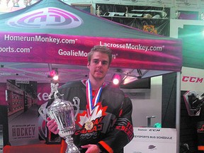 Ardrossan native Terry Martin was solid in net to help Canada win gold at the Junior Olympics roller hockey event. Photo supplied